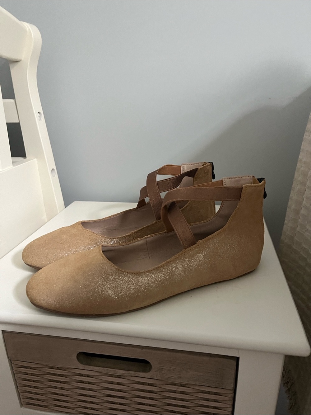 Women's Tan Suede Ballet Flats with Ankle Straps